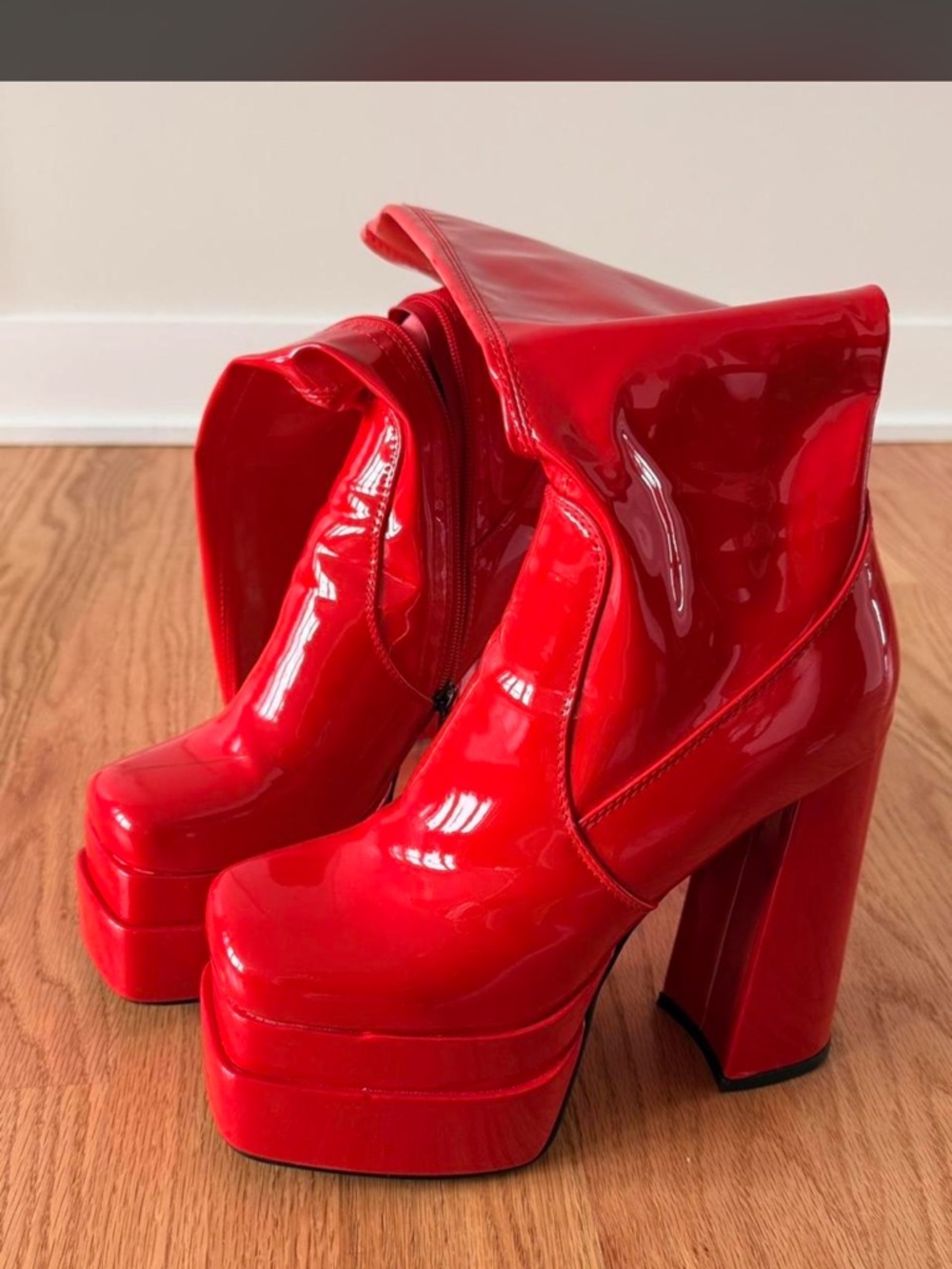 Red Patent Platform High-Heel Ankle Boots - Women